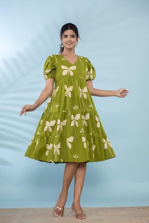 ROYALICA Women’s Pure Cotton Maxi Midi Dress Western Dress for Women Elegant Floral Printed Long Dresses | Soft & Breathable Fabric | Casual – GREEN