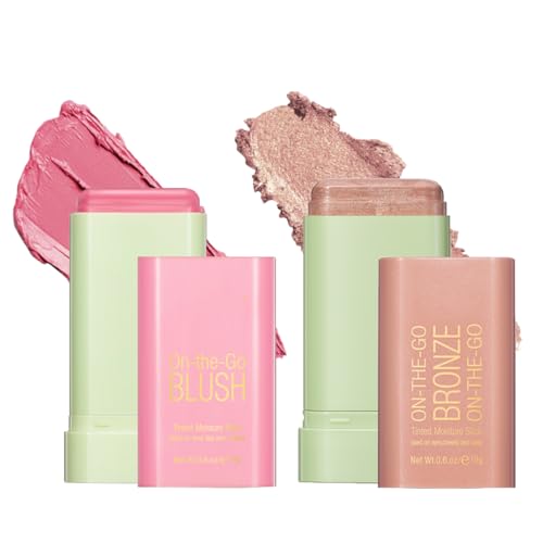 Creme Blush Stick, Rouge für Wangen Make Up - Cremig-leichter 3-in-1 Multi-Stick für Gesicht, Augen und Lippen - Feuchtigkeitsspendendes und verblendbares Rouge (01Blish+02Highlighter, Normal)