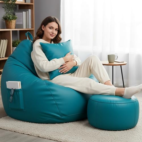 Image of KAM'S LIEU Leatherette Bean Bag Chair with Footrest | Filled with EPS Beans | Comfortable Sofa for Living Room & Bedroom | 4XL Size, Easy to Clean Color- (Aqua)