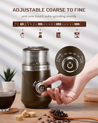 Image of SHARDOR Electric Super Silent Blade Coffee Grinder, Timed Grind Control Rotary Knob, Adjustable Coarse to Fine for Coffee Beans, Spices & Herbs, with 1 Removable Stainless Steel Bowl, Brown