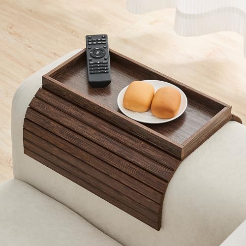 GEHE Bamboo Sofa Arm Tray, Foldable Couch Arm Tray Side Table, Anti-Falling Armrest Tables Cup Holder for Snacks, Drinks, Beers, Phone, Control, Flexible and Portable, Anti-Slip Bottom
