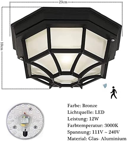 12W LED Rounded Ceiling Light Bulkhead Outdoor Wall Lights with Motion Sensor, Waterproof Lamp Nautical Light Marine Wall lamp Industrial Light Fixture Aluminium Wall Sconce,Black,3000K
