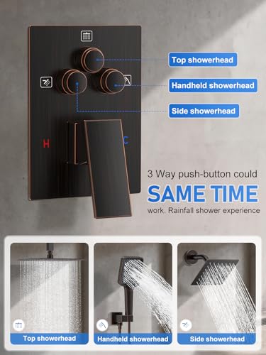 Image of Woindo Shower Faucet Set, 10 inch Ceiling Mount Rainfall Shower System with 2 Rain Shower Head and Multi-function Handheld Head Push Button Diverter Shower Faucet Trim Kit