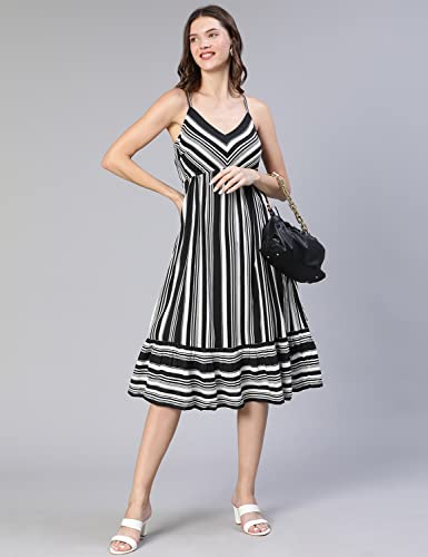 Image of oxolloxo Women Stripe Print Shoulder Strap Flared Dress