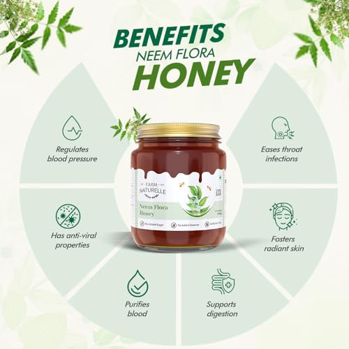 Image of Farm Naturelle Neem Forest Flower Wild Honey 400gm |100% Pure Honey | Raw & Unfiltered|Unprocessed|Lab Tested Honey In Glass Jar with Engraved Virgin Wooden Spoon