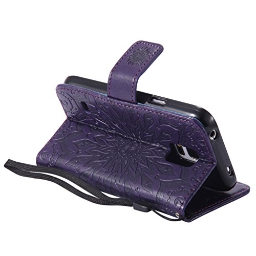 Emaxeler Samsung Galaxy S5 Mini Case Cover Stylish Wallet 3D Embossed Kickstand Flip Sun Flower Three Dimensional Cards Slot Cash Pockets Pu Leather For Samsung S5 Mini Sun Purple #TOP4