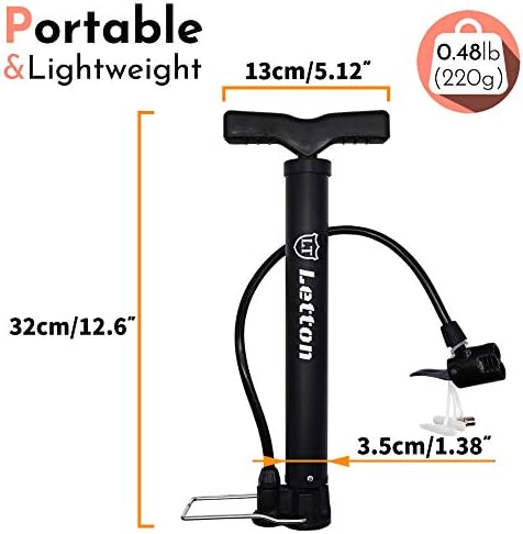 LETTON Portable Bike Floor Pump Bicycle Tire Air Pump Mini Floor Pump Automatically Reversible Presta & Schrader Valves 120PSI, Lightweight Universal Bike Tyre Pump with Multifunction Ball Needle