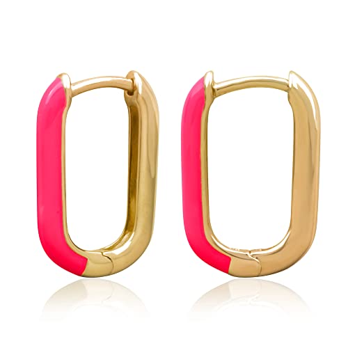 Gold Plated Sterling Silver Neon Pink Enamel 18Mm U Shaped Huggie Earrings For Women #TOP6
