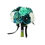 8" Bouquet-teal,aqua,black Artificial Roses with Rhinestone Long lasting artificial flowers