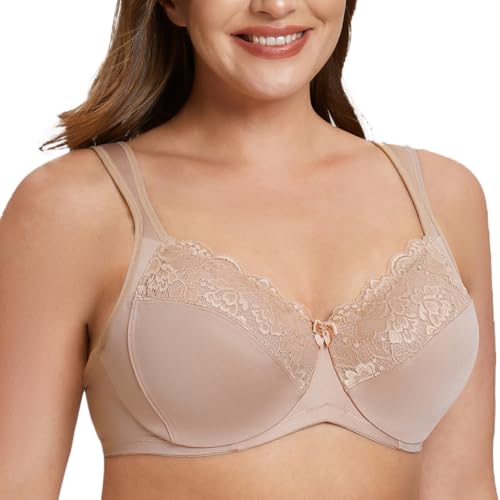 MELENECA Women's Full Coverage Underwire Bra Minimizer Plus Size Lace Comfortable Cushion Strap Beige 42H