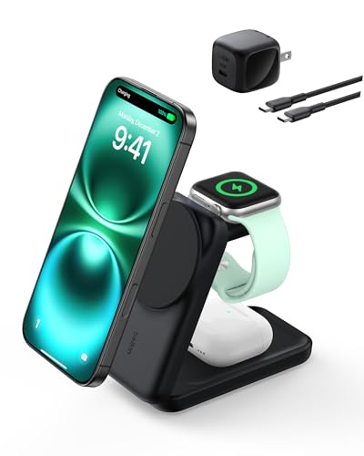Belkin MagSafe Charger Compatible, 3-in-1 Charging Station, Qi2.2 25W Magnetic Wireless Charger Dock, Foldable Charging Stand for iPhone 17/16/15, Apple Watch, AirPods, Pixel 10 (45W Adapter Included)
