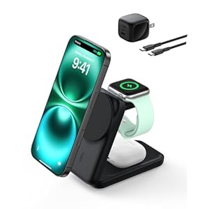 Belkin MagSafe Charger Compatible, 3-in-1 Charging Station, Qi2.2 25W Magnetic Wireless Charger Dock, Foldable Charging Stand for iPhone 17/16/15, Apple Watch, AirPods, Pixel 10 (45W Adapter Included)