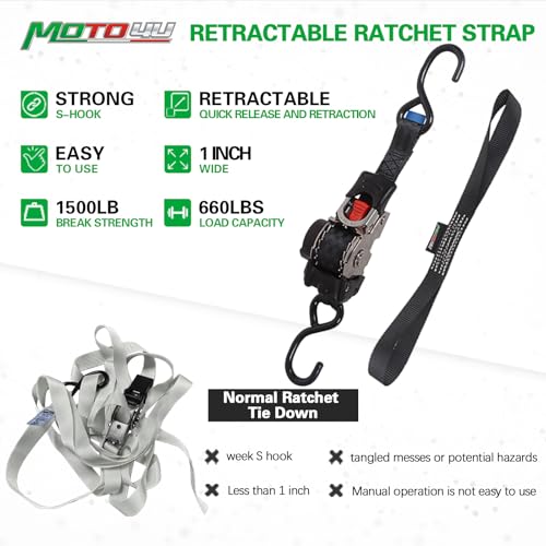 MOTO4U Stainless Steel Retractable Ratchet Straps Automatic Retractable Strap Retractable Ratchet Tie Down Straps with Soft Loops for Boats Motorcycle Trailers ATVs Black 4PCS 1inch×6ft by MOTO4U - Image 8