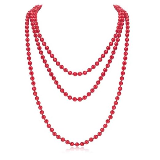 GHGMAO Colares de pérolas longas para mulheres, colar de pérolas falsas vermelhas de 150 cm, colar de pérolas longas para festa de casamento, bijuteria Gatsby dos anos 20