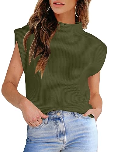 Image of Womens Sleeveless Sweater Vest Turtleneck Ribbed Knit Tank Tops Basic Slim Fit Top
