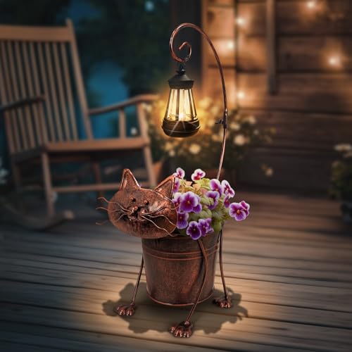 Hokfirm Solar Lights Outdoor with Planter Pot,Metal Cat Solar Lamp Post with Planter Base Outdoor Decorative for Yard,Porch,Patio,Floor Light with Garden Pots