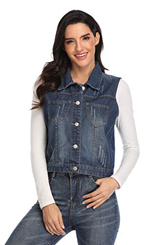Wudodo Womens Classic Denim Vest Jacket Button Up Sleeveless/Long Sleeves Cropped Distressed Jean Jacket #TOP1