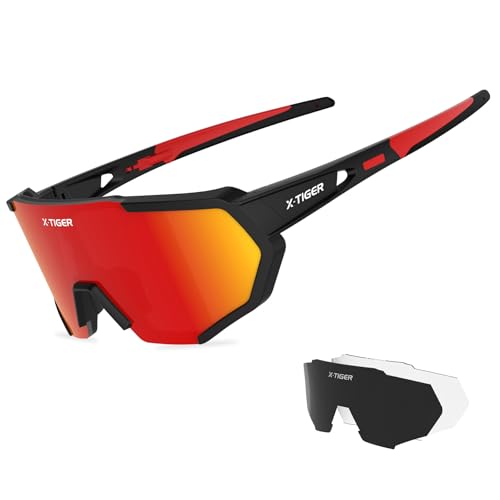X-TIGER Gafas Ciclismo CE Certificación Polarizadas con 3 Lentes Intercambiables UV 400 Gafas,Corriendo,Moto MTB Bicicleta Montaña,Camping y Actividades al Aire Libre para Hombres y Mujeres TR-90