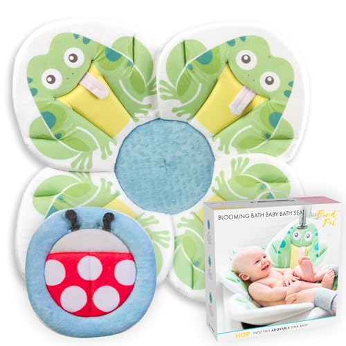 Image of Blooming Bath Pond Pal Baby Bath Seat - Baby Tub Flower Bath Mat Baby Sink Bath Cushion - Soft Minky Fabric Baby Girl Newborn Essentials, Baby Registry Search - Baby Bathtub Pad (Frog + Scrubbie)