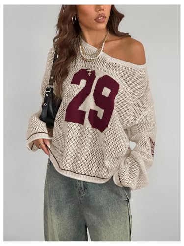 Image of BEAUDRM Women's Y2k Tops Oversized Crochet Jersey Shirts Graphic Streetwear