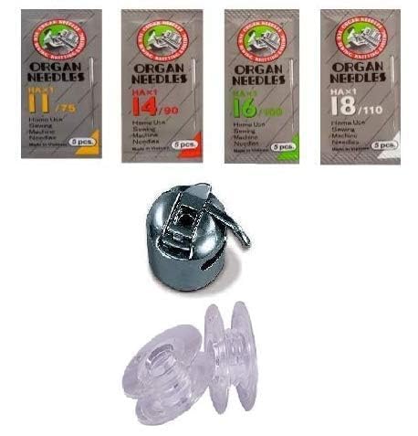 Combo of Organ HA,11,14,16, 18 Size Steel Needles + 1 Bobbin Case Steel Finish + 5 Plastic Transparent bobbins - comaptible with All Domestic Sewing Machines