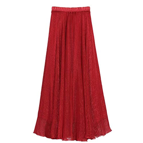 MULLSAN Women Retro Vintage Double Layer Chiffon Pleat Maxi Long Skirt Dress (A Red)