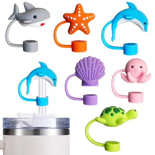 6PCS Straw Cover Cap for Stanley Cup, Silicone Sea Animal Straw Topper for Stanley 30&40 Oz Tumbler with Handle, 10mm 0.4in Dust-Proof Reusable Straws Tips Lids. (Color 4)