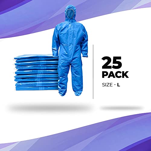 Amz Disposable Coveralls With Hood Large, Pack Of 25 Blue Hazmat Suits Disposable With Front Zip, Elastic Wrists & Ankles, 50Gsm Sms Lab Coveralls Disposable, Waterproof Unisex Paint Suit Disposable #TOP1