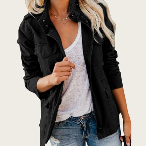 Women's Military Anorak Jackets Zip Up Parka Safari Utility Coats Snap Buttons Outerwear with Pocket3
