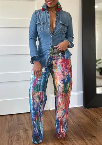 NRTHYE Womens Summer Colorful Graffiti Baggy Jeans Casual High Waist Wide Leg Streetwear Denim Cargo Print Pant Trousers2