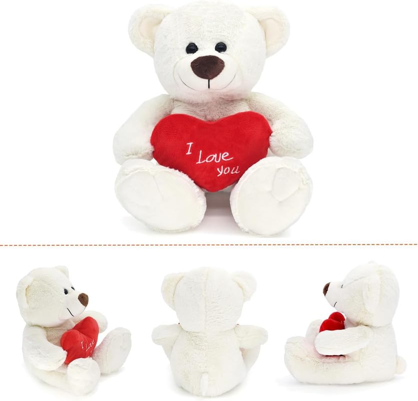 Image of 14'' Teddy Bear with Red Heart, Soft Plush Bear Doll Stuffed Animal Toys Valentines Day Decor Girlfriend Lover Mom Kids (White)