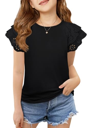 Image of Haloumoning Girls Ruffle Sleeve T Shirts Summer Short Sleeve Casual Cute Crewneck Tops Tees 5-14 Years