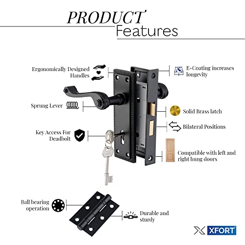XFORT Black Beauty Range Matt Black Hanoverian Lever Lock Pack, Georgian Style Complete Set with Lock Door Handles, 65mm Sashlock and 75mm Ball Bearing Hinges, for Internal Wooden Doors - Image 3