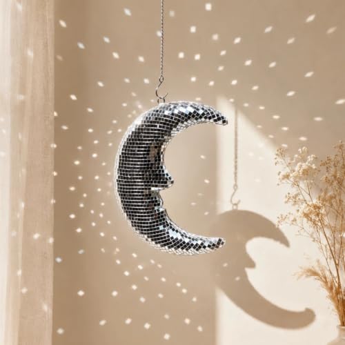 Image of Disco Ball Moon Decor 8.6'' Silver Crescent Hanging Ornament with Chain | Reflective Disco Moon with Metal Chain and Hook, Crescent Decor for Wall, Window Hanging , Bedroom, Bar, and Holiday Decor