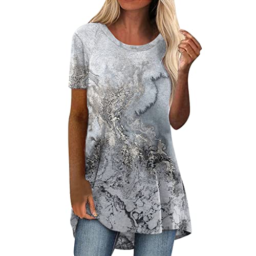 Long Shirt Damen Lang Kurzarm Longtops Damen Lässig Blusen Longbluse Oberteile für Legging Sommer Große Größen Damenblusen Longshirt Elegant Grosse Grössen Bluse Lange Sommerbluse Bunt Tunika Oberteil