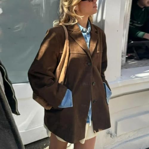 Brown Suede Jacket Women - Y2K Faux Suede Blazer Coat Vintage Aesthetics Old Money Oversized Outerwear2