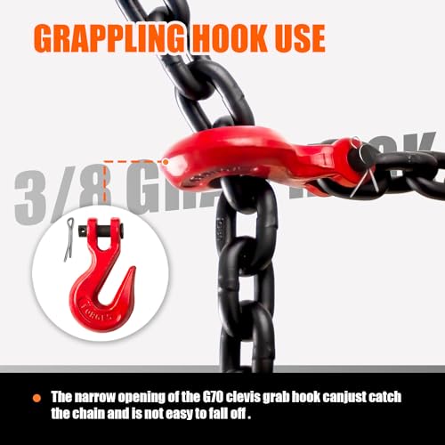 Image of G80 Transport Binder Chain 3 /8 Inch x 16 Foot | 7,100 lbs Safe Working Load | Heavy Duty Tow Chain with Clevis Grab Hooks | Ideal for Towing, Tie-Down, and Lifting Applications