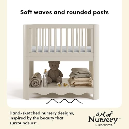 Image of Storkcraft Casablanca 3-in-1 Convertible Bassinet, Frosted Oat | GREENGUARD Gold Certified Wood Baby Bassinet, Includes Water-Resistant Mattress, Converts to Toy Box and Bookcase, Newborn