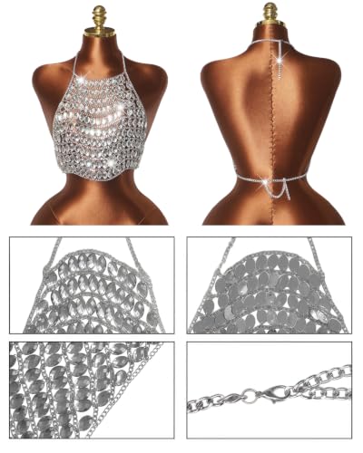 Image of AIBEARTY Women's Sexy Multi-Layer Metal Chain Crop Tops Hollow Out Halter Backless Tassel Camisoles for Rave Party Club