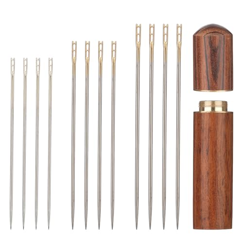 48 PCS Self Threading Needles with Wooden Bottle Large Eye Sharp Easy Threading Steel Needles Assorted Hand Stitching Needle for Embroidery Hand Sewing in 3 Sizes 1.49 in / 1.46 in / 1.65 in
