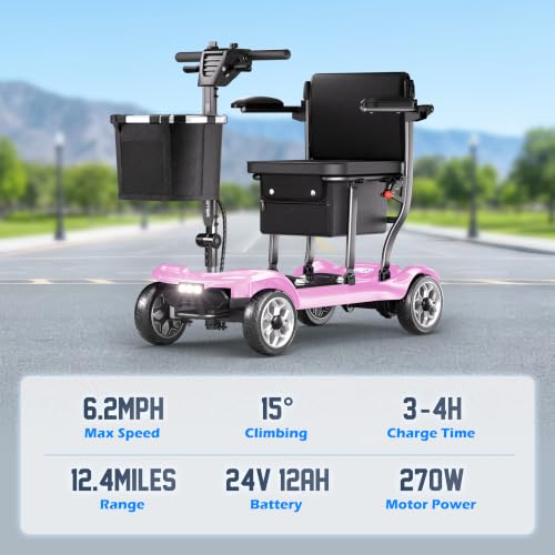 Image of 43lb Lightweight Mobility Scooter for Seniors - Airline & Cruise Approved | Foldable Portable Travel Motorized Scooters for Adults Elderly 4 Wheel with Removable Battery, 12.4MI, 300lb Capacity, Pink