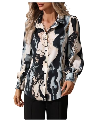 Floerns Women's Marble Print Button Down Blouse Lantern Long Sleeve