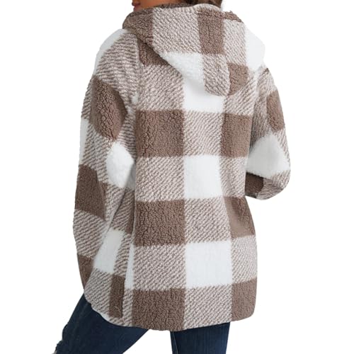 Women Fleece Jacket Plaid Sherpa Jacket Open Front Flannel Hooded Cardigan Long Sleeve Winter Coats with Pockets 6