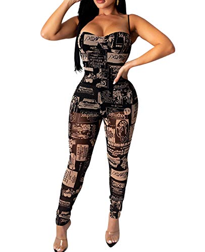 Rela Bota Women's Skinny Mesh Jumpsuits Rompers - Spaghetti Straps Printed Bodycon Clubwear Long Pants Overalls Black M