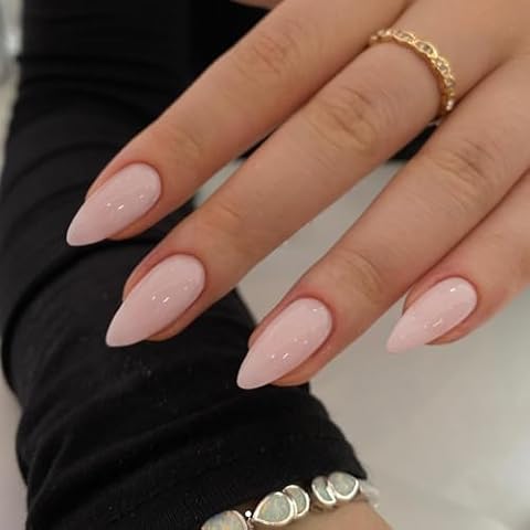 KQueenest Dusty Pink Press on Nails Medium Almond, Gel Fake Nails Press on, Glue on Nails Medium Length, Neutral Stiletto Acrylic Nails, Reusable False Nails with UV Coating for DIY Manicure in 24 Pcs Cover