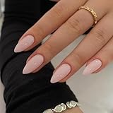 KQueenest Dusty Pink Press on Nails Medium Almond, Gel Fake Nails Press on, Glue on Nails Medium Length, Neutral Stiletto Acrylic Nails, Reusable False Nails with UV Coating for DIY Manicure in 24 Pcs