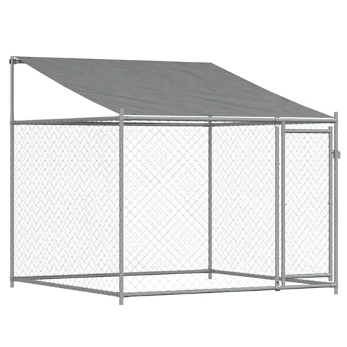 Gecheer Hundezwinger mit Dach und Tür Grau 4x2x2 m Verzinkter Stahl, Hundezwinger Freilaufgehege für große Hunde Garten Camping Outdoor