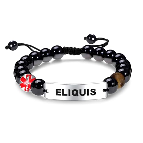 COMTRUDE Medical Alert ID Bracelet for Men Women Adjustable Wristband Cuff Bracelets Personalized Custom Charm Jewelry Stainless Steel Tag Obsidian Beaded Bracelet Gift (ELIQUIS)