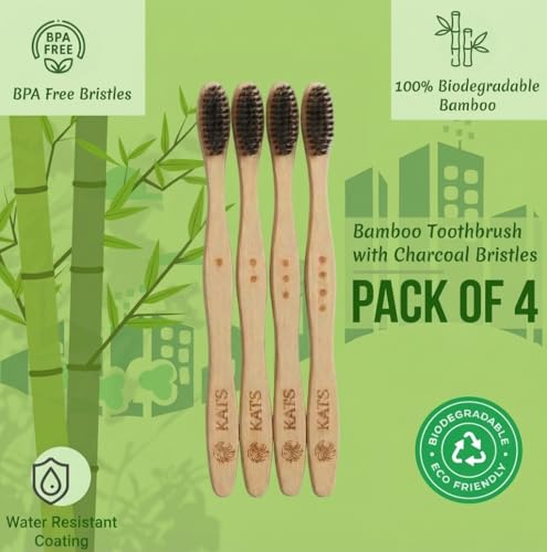 Image of KATS Organic Bamboo Toothbrush for Adults (Pack of 4), Charcoal Activated Soft Bristles, Identification Marks, Biodegradable, Anti-Bacterial, Eco-friendly, Natural, Manual