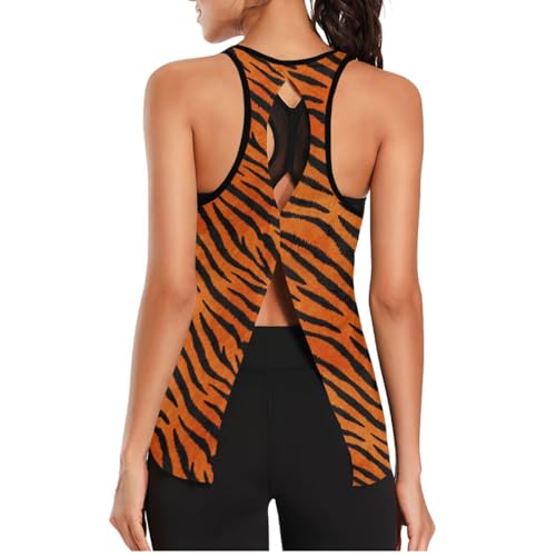 voucong Camiseta deportiva sin mangas para mujer, tela de malla, de secado rápido, para verano, para correr, yoga, piel de tigre, Patrón de piel de tigre, negro y naranja, S